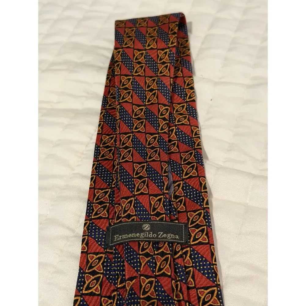 Ermenegildo Zegna 100% Silk Tie Red Navy Gold Geometric Luxury Mens Necktie